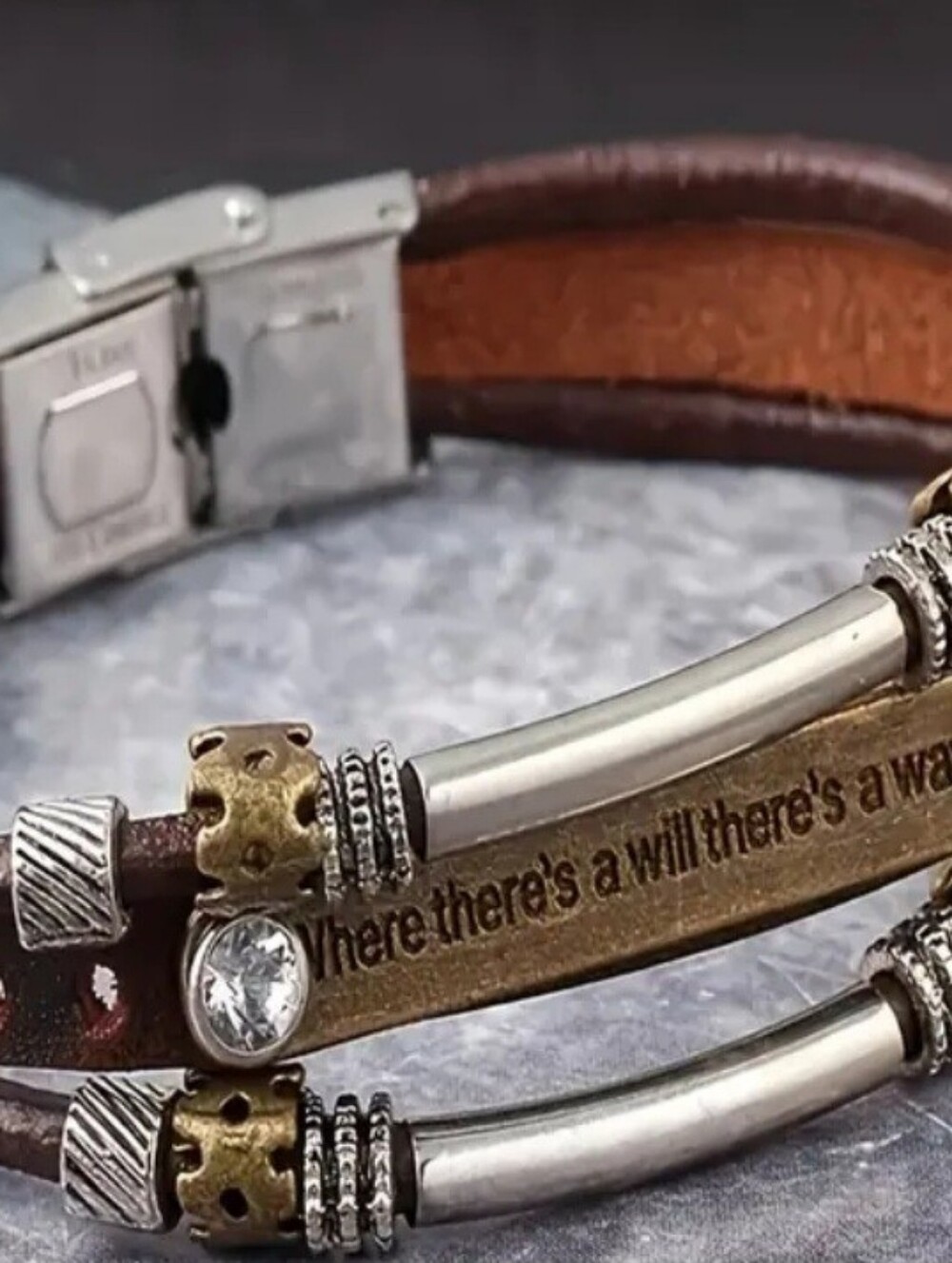 New Sundance Stainless Steel and Leather "WILLPOWER" Bracelet - Picture 3 of 7